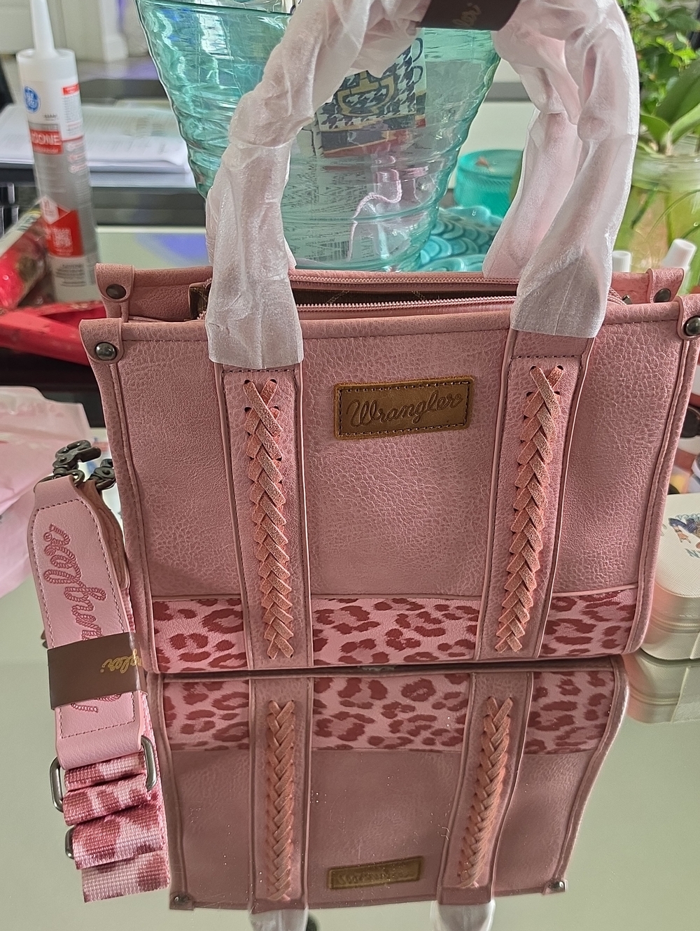 Wrangler Pink Leopard-Trim Satchel with Braided Handles and Detachable Strap